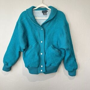 Vtg Varsity Bomber Jacket Boiled Wool Preppy Colorful Retro Teal Puffer Felted L